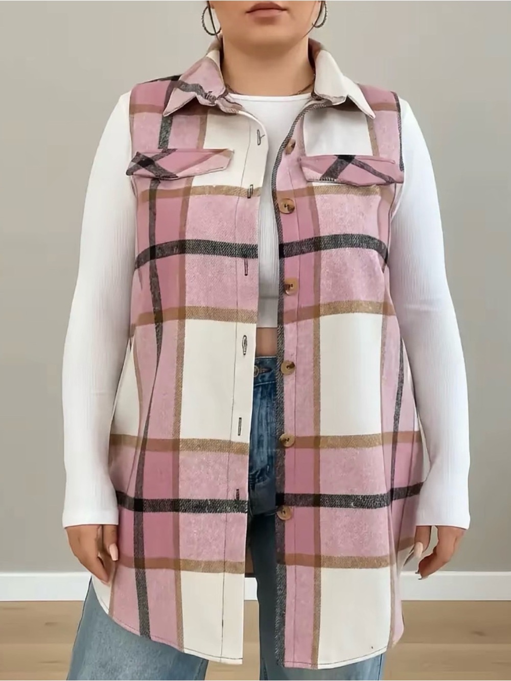 Pink Plaid Sleeveless Button Vest
